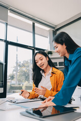 Meeting, tablet and business people in office for discussion, collaboration or planning project. Teamwork, feedback and employees talking for product development, conversation or idea at design firm
