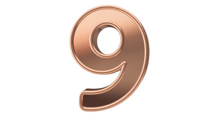 Rose gold number nine digit metal isolated on a transparent background