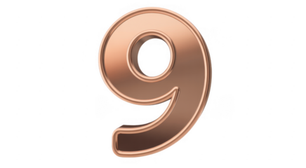 Rose gold number nine digit metal isolated on a transparent background