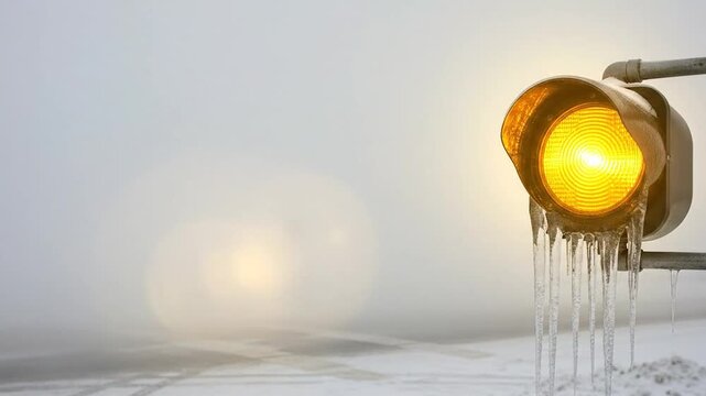 Yellow Caution Light Flashing Slowly At Rural Crossroads In Winter
