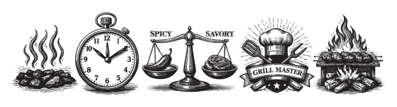 Black and white engraving shows grilling elements: time, spicy pepper, savory meat, chef tools and fire, for barbecue and grilling themes.