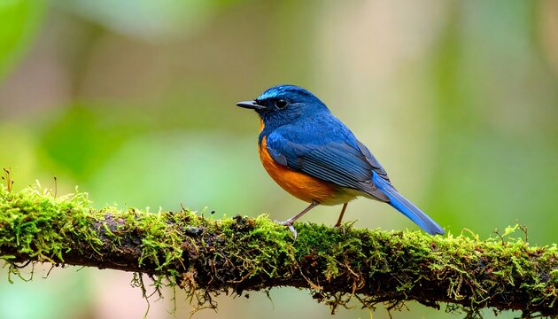 Vibrant blue and orange bird perched on mossy branch in forest