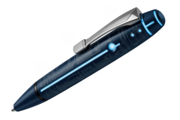 Blue pen with circuit board silver clip glowing blue lines isolated on a transparent background