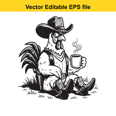 Rooster cowboy character sitting on grass drinking hot coffee wearing hat and leather boots