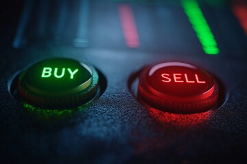 Green buy button and red sell button illuminated, indicating trading options on a financial dashboard