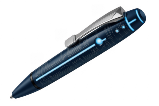 Blue pen with circuit board silver clip glowing blue lines isolated on a transparent background - Powered by Adobe