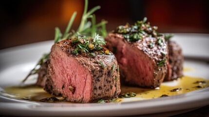 Tender grilled beef fillet steaks garnished with fresh herbs and drizzled with rich sauce on elegant white plate in a gourmet dining setting