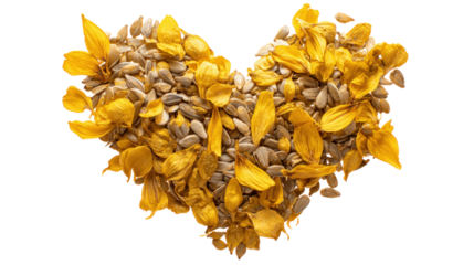 Sunflower seeds and petals arrangement forming beautiful heart on transparent backdrop