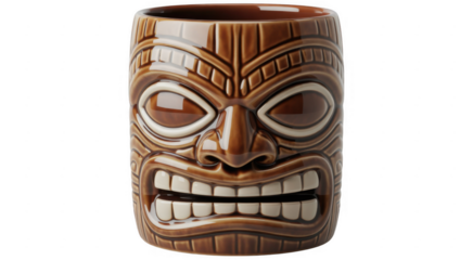 Brown tiki mug with carved face isolated on a transparent background