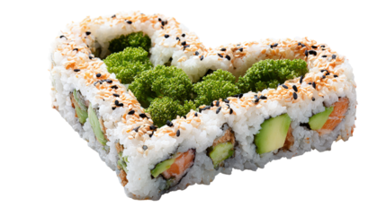 Sushi arrangement forming heart shape with salmon avocado broccoli for valentine day