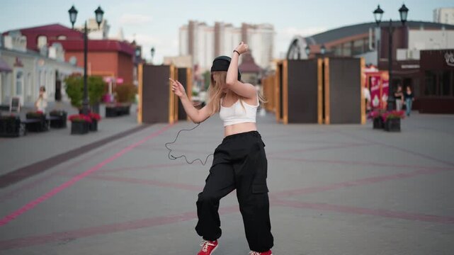 young woman dancing on urban plaza wearing white crop top black pants red sneakers moving freely across empty pedestrian street playful spins and confident walk candid lifestyle shot with soft