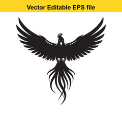 Phoenix bird rising with spread wings and long tail feathers isolated symmetrical silhouette