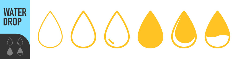 Water drop icon set in outline and solid styles, clean minimal shapes for fluid, rain, weather, and liquid UI design. Color icon set