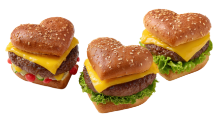 Three heart shaped burgers with cheese tomato and lettuce isolated on grey backdrop