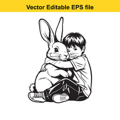Young boy hugging large pet rabbit while sitting down isolated black and white illustration