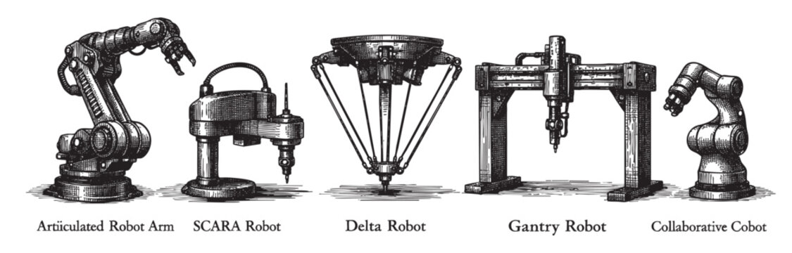 A technical illustration displays different robot types, showcasing articulated, SCARA, delta, gantry, and collaborative robots, ideal for industrial technology concepts.