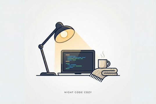 Cozy workspace illuminated by a desk lamp showcasing a laptop displaying coding text beside a steaming coffee mug and a warm blanket creating a tranquil night atmosphere