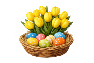 Basket of colorful easter eggs and yellow tulips on transparent background