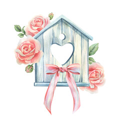 A white wooden birdhouse with a heart-shaped entrance and pale pink roses with a bow. Watercolor illustration for spring decor, as well as Mother's Day and Valentine's Day cards, prints, and greetings