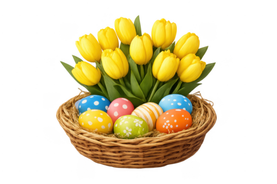 Basket of colorful easter eggs and yellow tulips on transparent background - Powered by Adobe