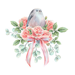 A cute long-tailed tit sits in a bouquet of pink roses, eucalyptus, and a ribbon bow. Hand-painted watercolor illustration for spring decor, Mother's Day, Easter, weddings, and March 8th.