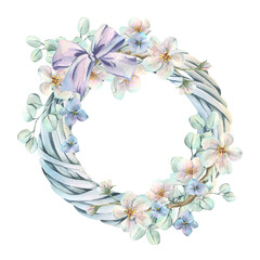A spring floral wreath made of vines, painted in watercolor, with a bow and apple and hydrangea blossoms, for Mother's Day. Hand-drawn botanical illustration for greeting cards and seasonal decor.