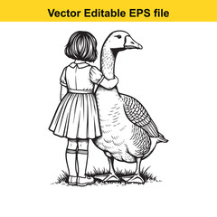 girl, goose, hug, friendship, child, animal, pet, farm, love, care, affection, bird, drawing, sketch, vintage, innocence, tenderness, loyalty, companion, monochrome