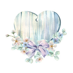 A wooden heart with spring apple blossoms and a purple bow. A delicate hand-drawn botanical illustration for a greeting card for Mother's Day, Weddings, Valentine's Day, and Women's Day.
