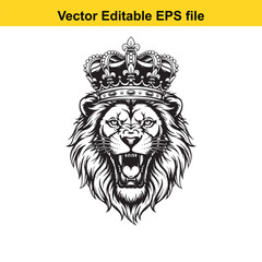 Majestic lion with crown roaring fierce with open mouth showing teeth isolated on white