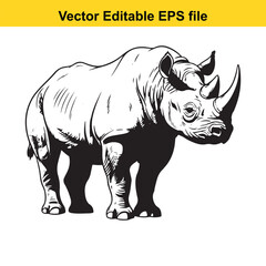 Large rhinoceros standing strong on white background, detailed black and white illustration