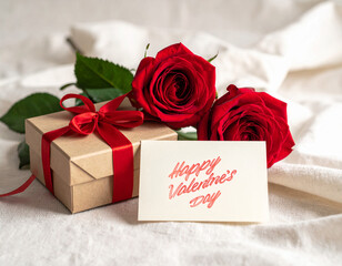 Red roses beside a wrapped gift box and Valentines Day card on soft fabric background. Classic romantic still life expressing love, affection, and celebration.