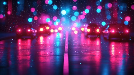 City street at night, cars with bokeh lights