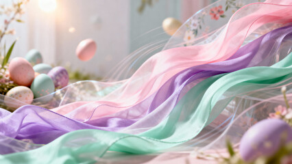 Flowing pastel ribbons with Easter eggs in soft light background, dynamic background on the theme of Easter    