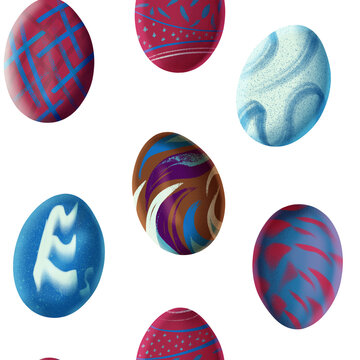 Seamless repeating pattern with hand drawn textured Easter eggs and decorative details in burgundy brown blue and light blue colors on white background