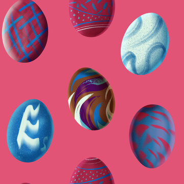 Seamless repeating pattern with hand drawn textured Easter eggs in burgundy brown blue and light blue colors on soft pink background