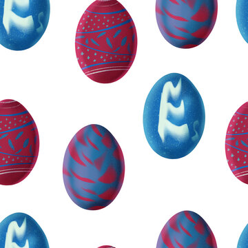 Seamless repeating pattern with hand drawn textured Easter eggs and decorative details in burgundy brown blue and light blue colors on white background