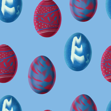 Seamless repeating pattern with hand drawn textured Easter eggs and decorative patterns in burgundy brown blue and light blue colors on blue background