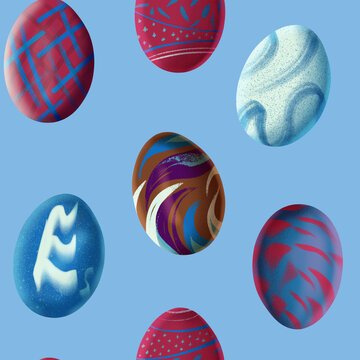 Seamless repeating pattern with hand drawn textured Easter eggs and decorative patterns in burgundy brown blue and light blue colors on blue background