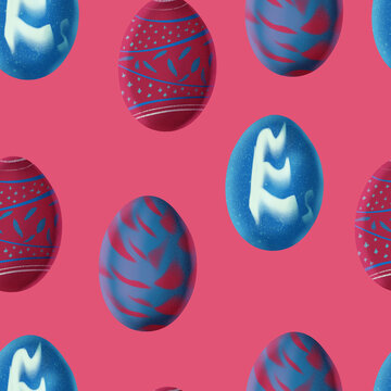 Seamless repeating pattern with hand drawn textured Easter eggs in burgundy brown blue and light blue colors on soft pink background