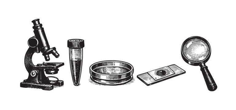 Detailed black and white illustration features a microscope, test tube, petri dish, glass slide and magnifying glass, evoking a vintage science vibe.