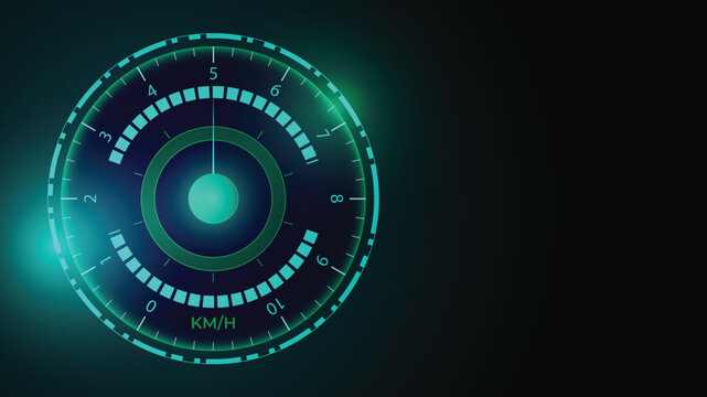 Modern futuristic background featuring a glowing circular speedometer gauge with digital dashboard style and neon accents ideal for automotive technology performance and UI design