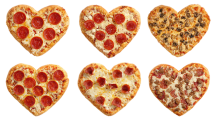 Variety of heart shaped pizzas isolated on transparent background for design work