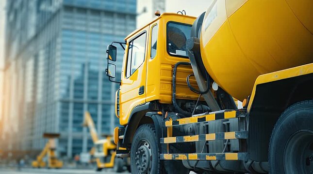 A yellow cement mixer truck parked in front of a large building under construction