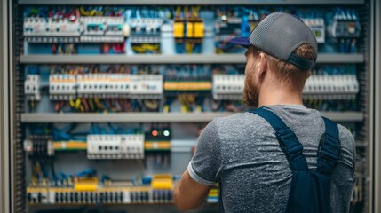 Electrician inspecting industrial electrical panel with wiring and circuit component during professional electricity repair work.