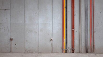 Concrete wall with vertical electrical cable conduit and multi-colored cable entering floor, illustrating electrical cables installation and conduit routing for building wiring.