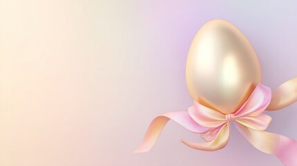 Luxurious Shiny Easter Egg With Pink Ribbon Bow On Soft Pastel Background for Elegant Easter Decor, Giftable Centerpiece and Seasonal Celebration Themes