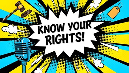 Vibrant comic style illustration promoting awareness of rights and freedoms