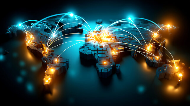 Global supply chain network map with interconnected international shipping routes and strategic distribution hub locations, worldwide freight coordination, trade network optimization, with