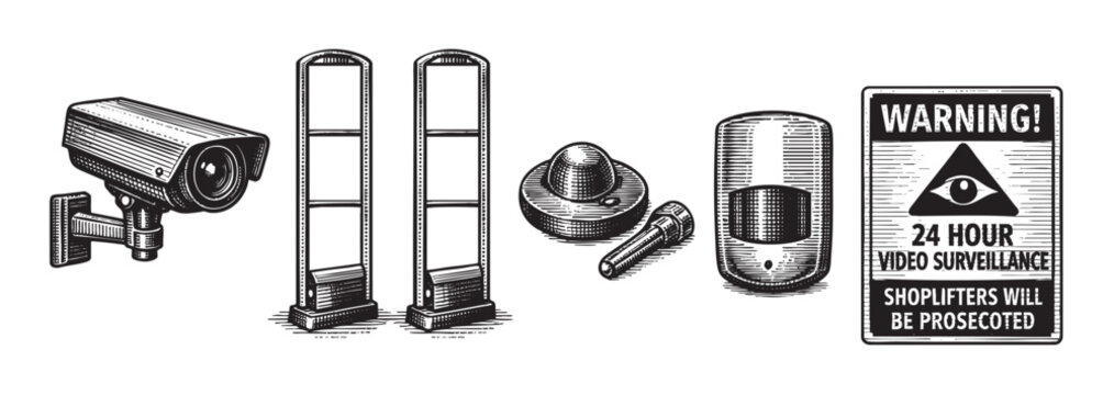 Vector illustration displays security devices like camera, alarm, and surveillance sign to protect from shoplifting in a store.