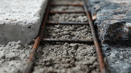 Close-up of rusted rebar embedded in concrete mortar between two concrete elements, representing structural inspection concrete and reinforcement condition assessment.